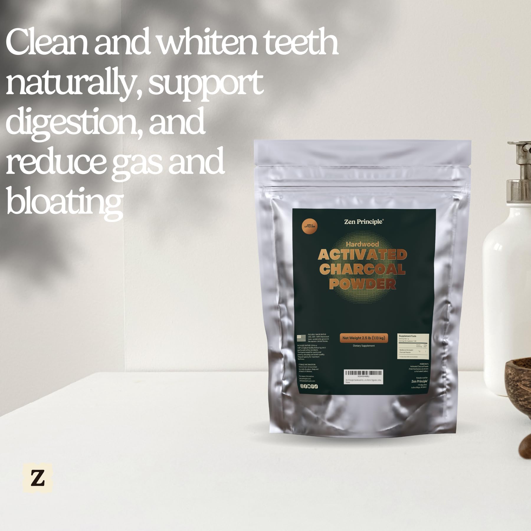 Zen Principle skincare charcoal powder application for gentle facial care.