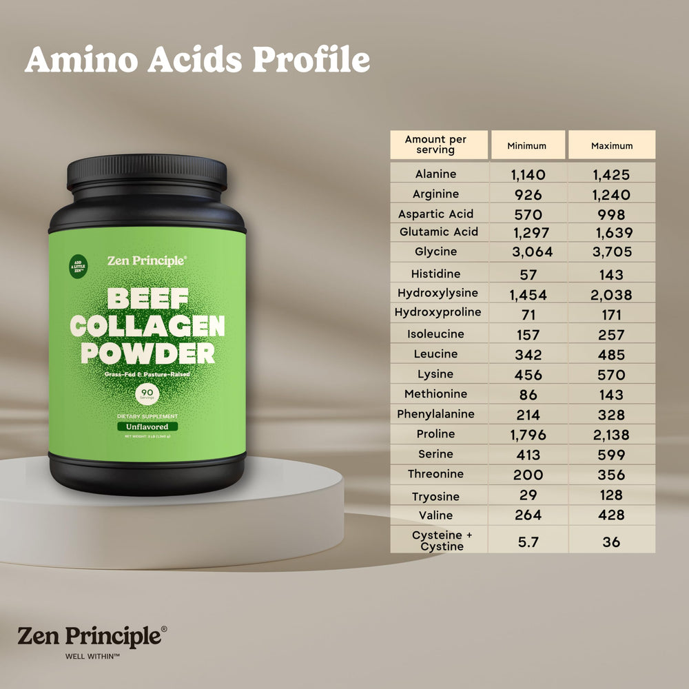 Zen Principle Type 1 and 3 collagen bottle highlighting advanced blend for hair and joints