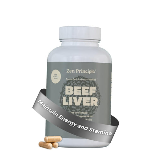 Zen Principle ultra-pure beef liver bottle pour highlighting grass-fed origin and purity for energy