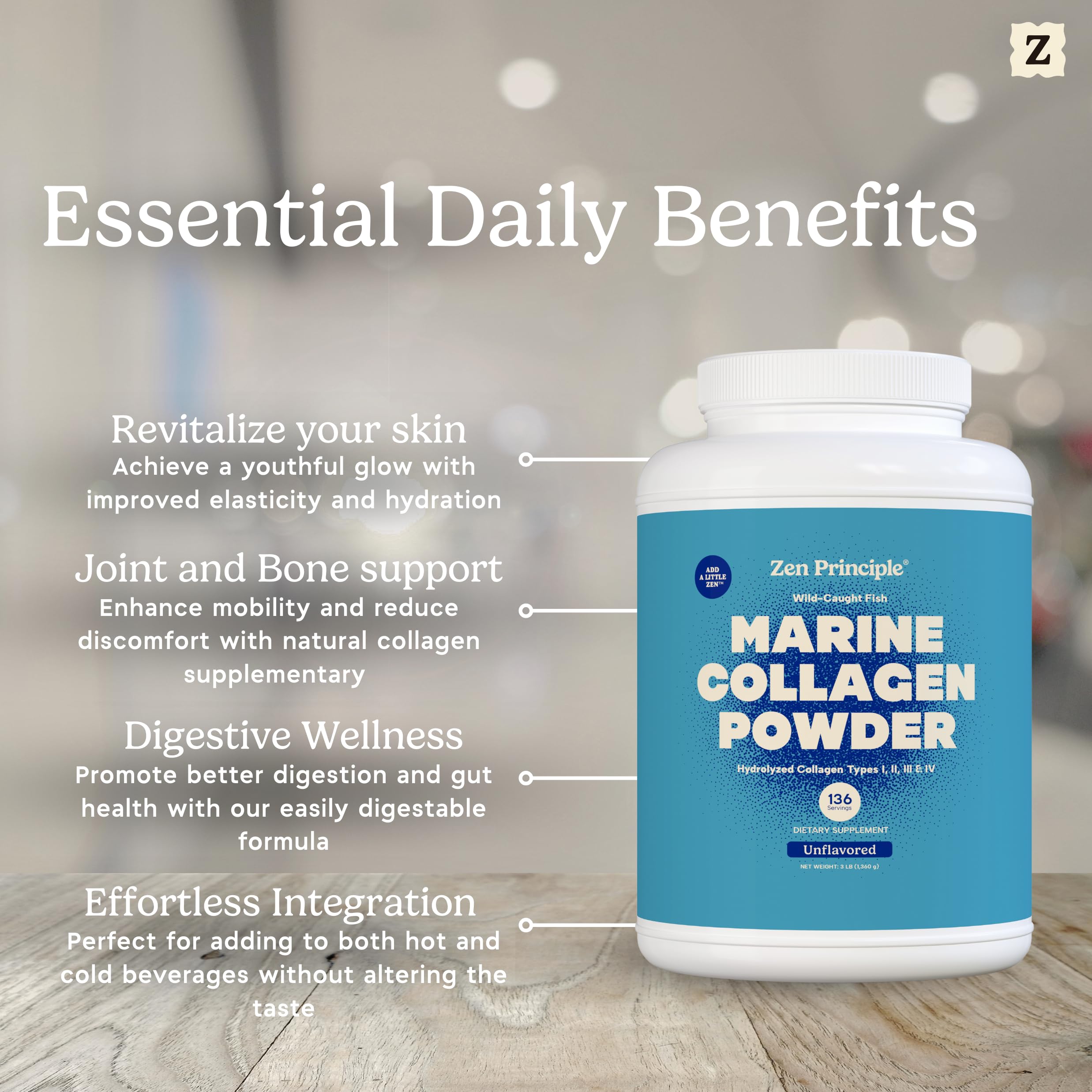Zen Principle unflavored powder ready to mix into coffee, smoothies, or soups