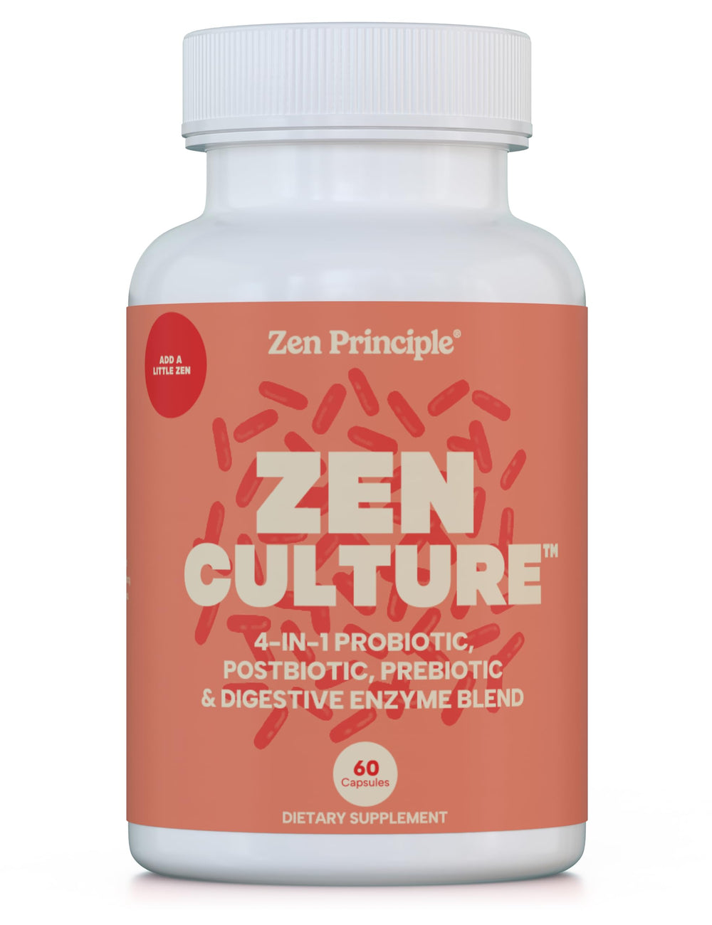 Zen Principle Zenculture bottle front showing a 4-in-1 synbiotic formula for daily digestion