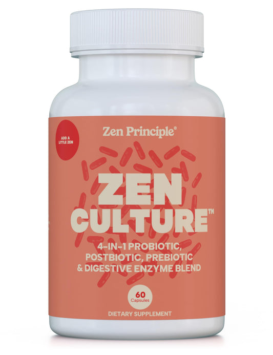 Zen Principle Zenculture bottle front showing a 4-in-1 synbiotic formula for daily digestion