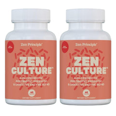 Zen Principle ZenCulture bottle showing 4-in-1 synbiotic for daily gut balance.