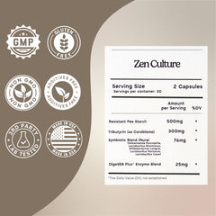 Close-up of ZenCulture capsules highlighting multi-strain probiotics and postbiotic synergy for digestion.