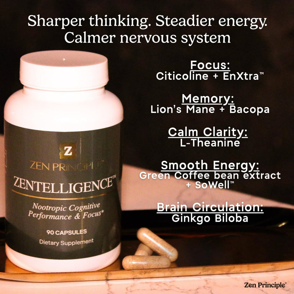 Zen Principle Zentelligence label shows dosage transparency and product details.