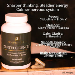 Zen Principle Zentelligence label shows dosage transparency and product details.