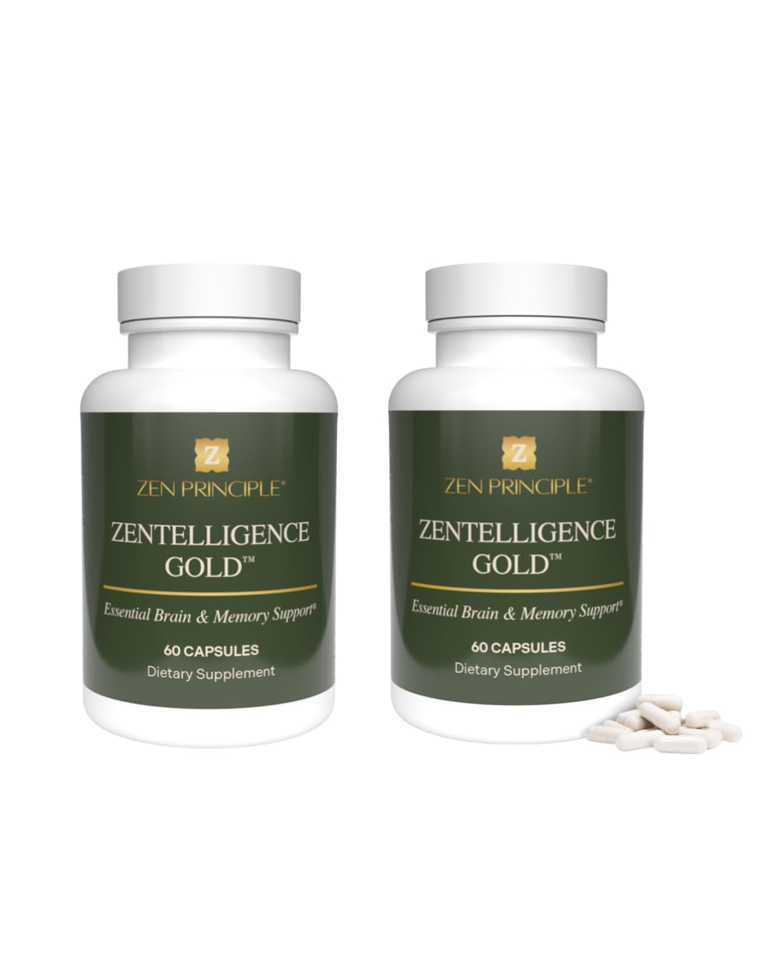 Zen Principle Zentelligence Gold bottle displaying premium brain supplement for memory and focus