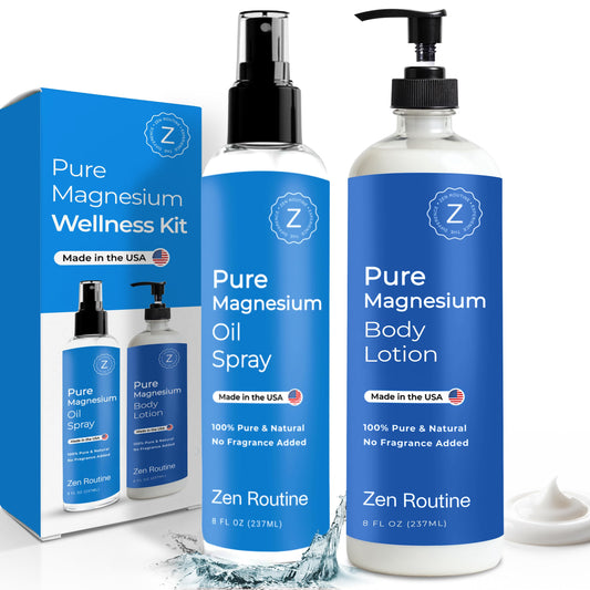 Zen Routine magnesium spray packaging shown; fast-absorbing relief for legs.