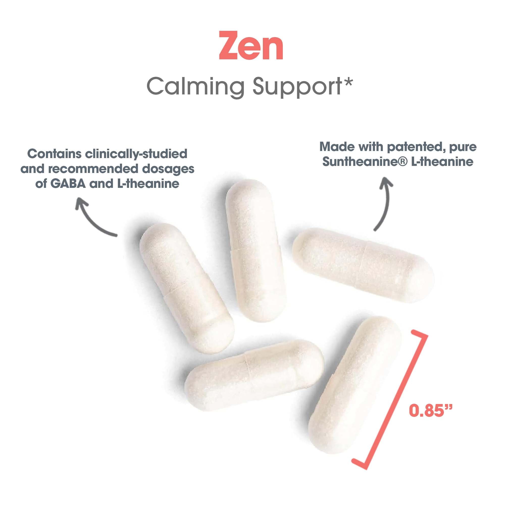 Zen serving image shows 30 servings per bottle for reliable daily routine