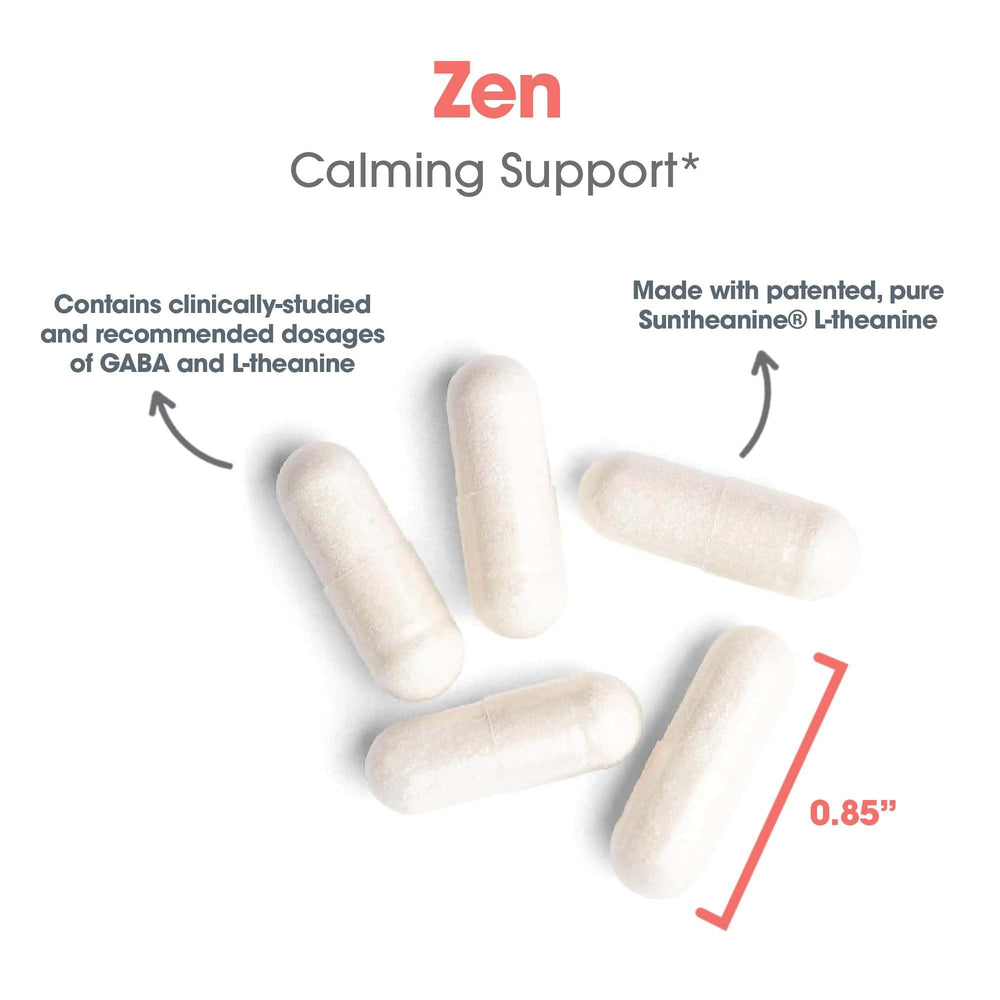 Zen serving image shows 30 servings per bottle for reliable daily routine