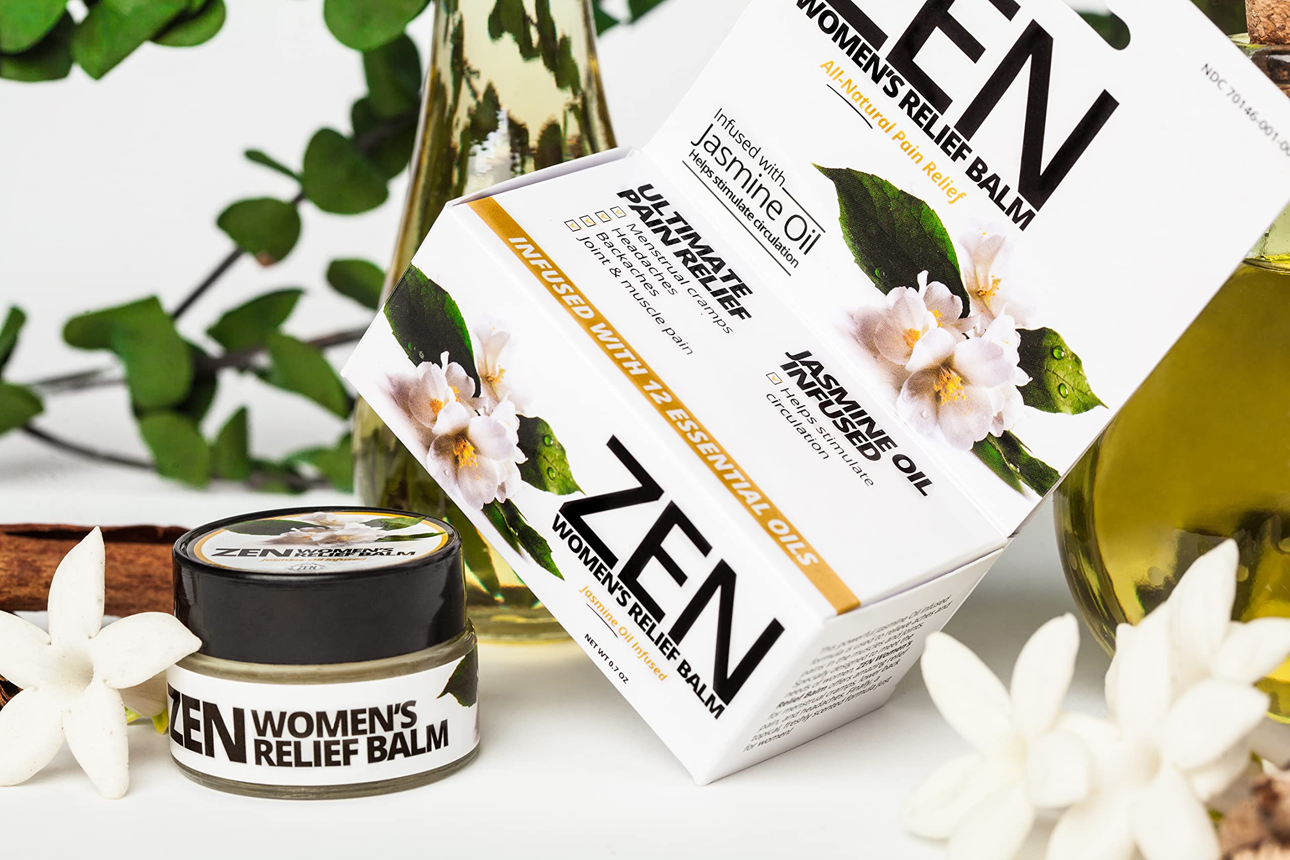 ZEN Women's Relief Balm ingredients panel lists jasmine and 11 essential oils.