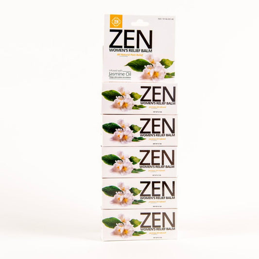 ZEN Women's Relief Balm jar close-up highlights soothing texture for quick relief.