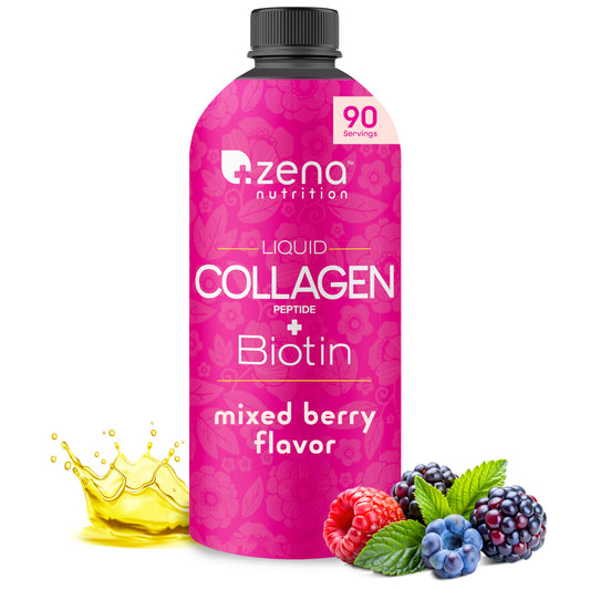 Zena Nutrition Liquid Collagen Peptides bottle pouring into glass for daily beauty routine.