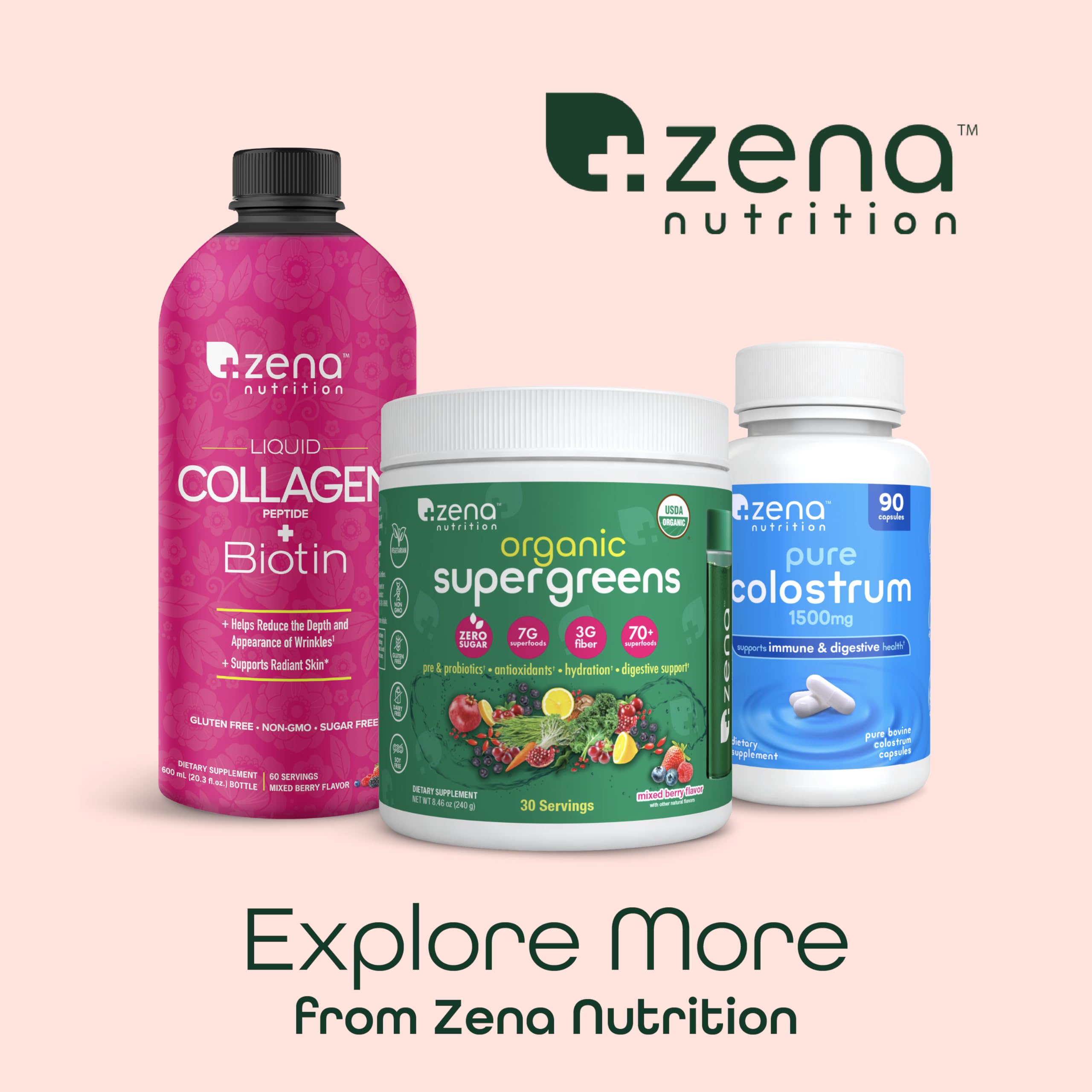 Zena Nutrition liquid collagen bottle with berry backdrop suggesting delicious flavor.