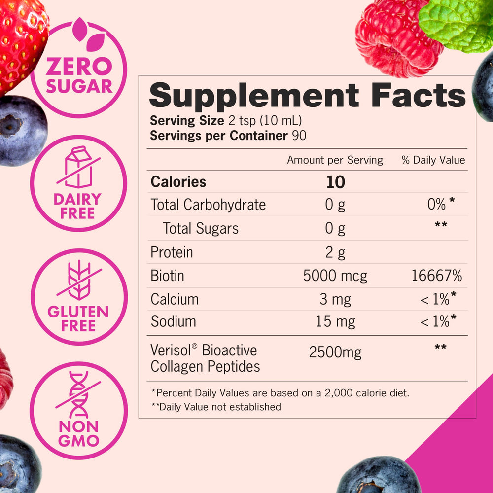 Zena Nutrition liquid collagen bottle beside smoothie to illustrate easy mix-in option.