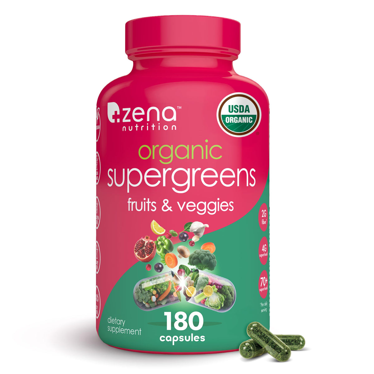 Zena Nutrition Organic Super Greens bottle with capsules for daily wellness