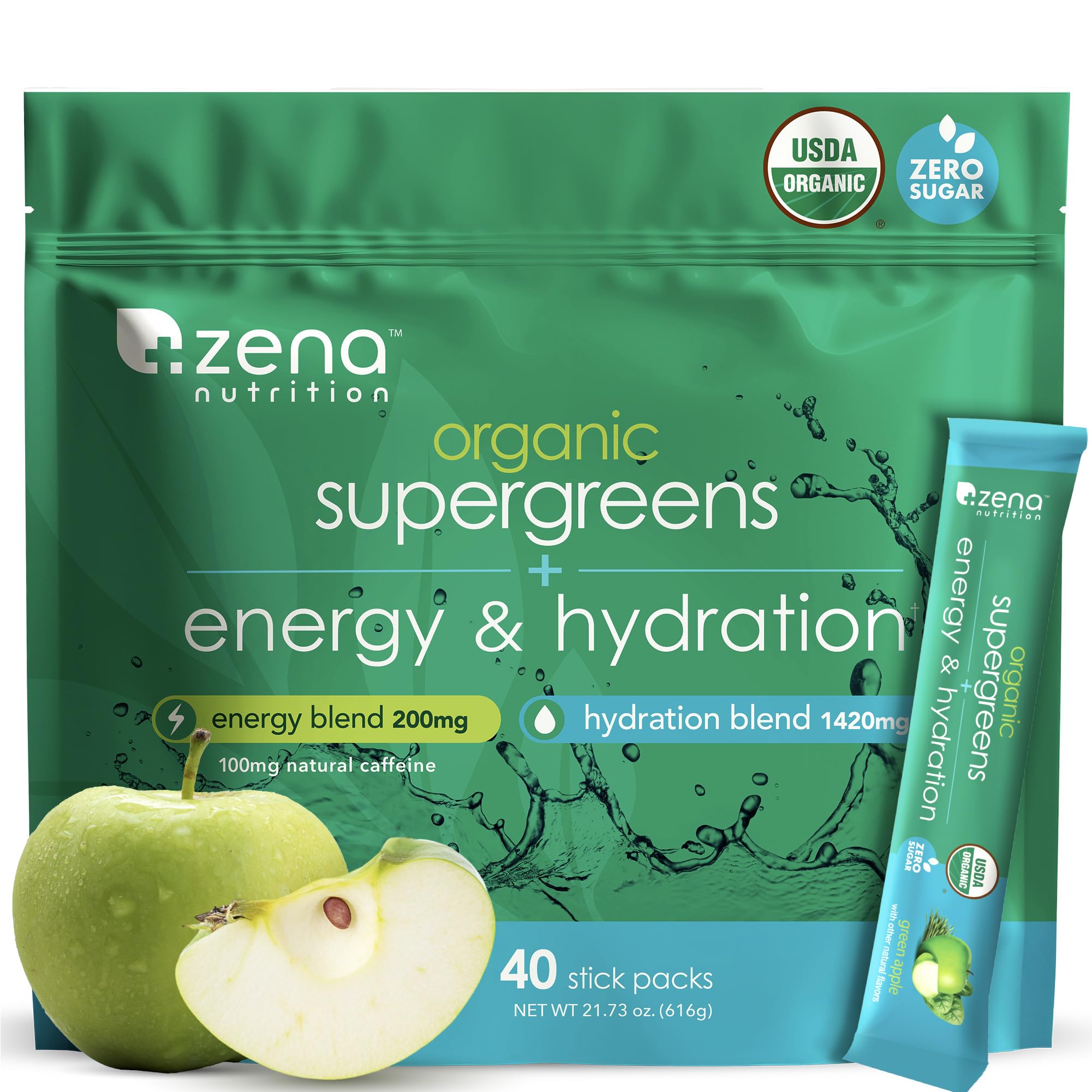 Zena Nutrition Organic Super Greens bottle showing energy and hydration blend for daily vitality.