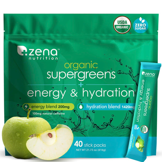 Zena Nutrition Organic Super Greens bottle showing energy and hydration blend for daily vitality.