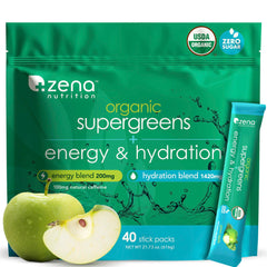 Zena Nutrition Organic Super Greens bottle showing energy and hydration blend for daily vitality.