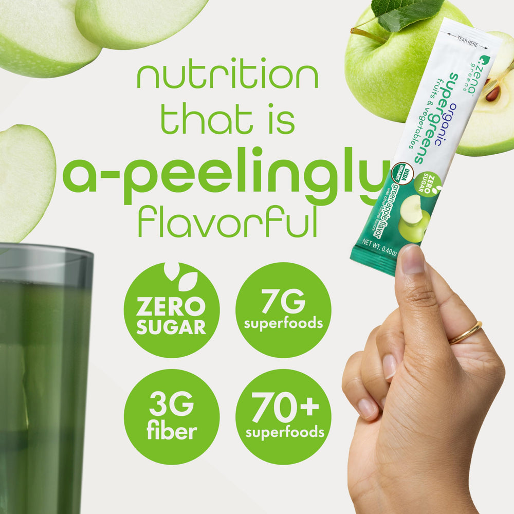 Zena Nutrition Green Apple flavor powder ready to blend in a smoothie.