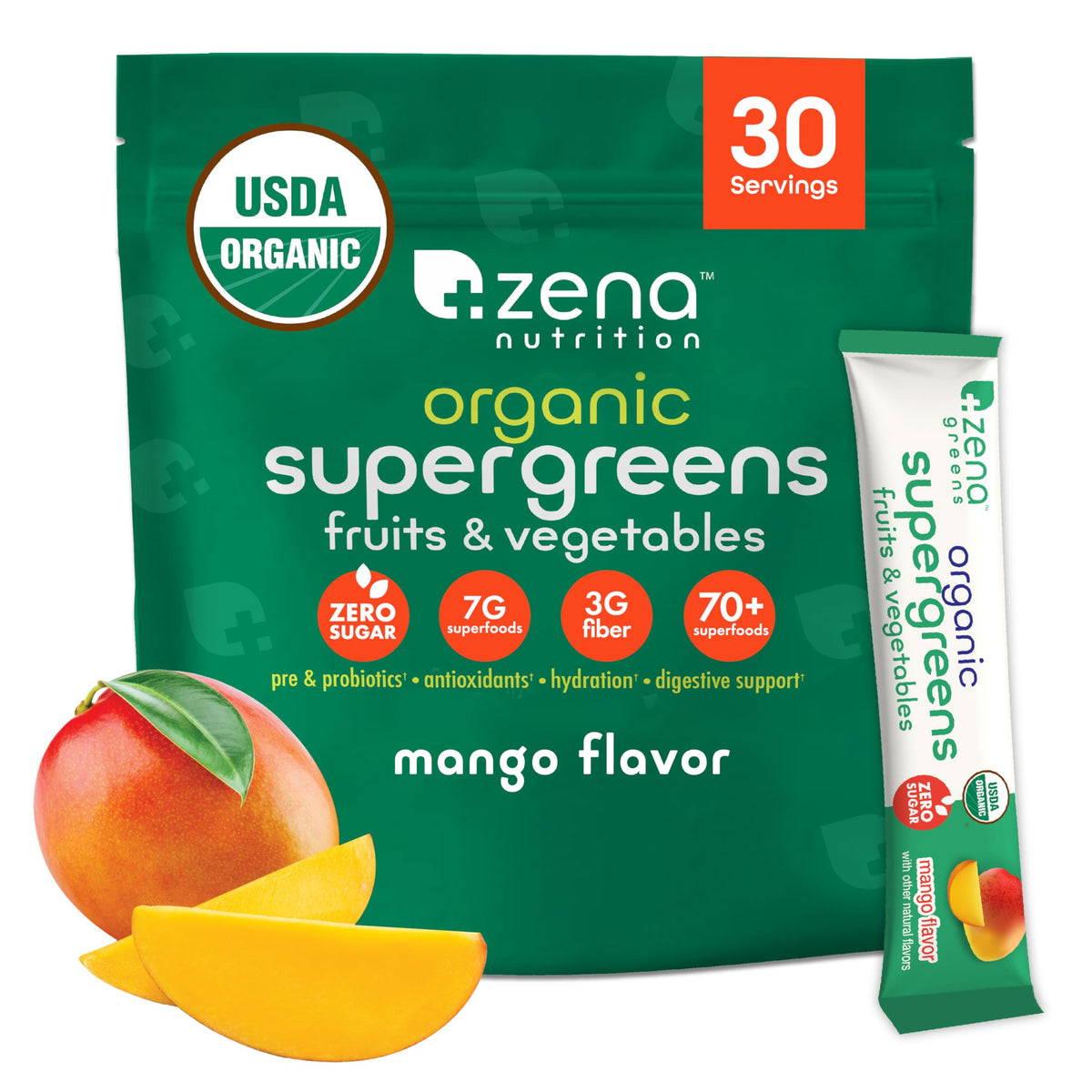 Zena Nutrition Organic Super Greens jar shows a premium greens blend for daily wellness