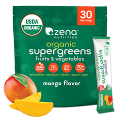 Zena Nutrition Organic Super Greens jar shows a premium greens blend for daily wellness
