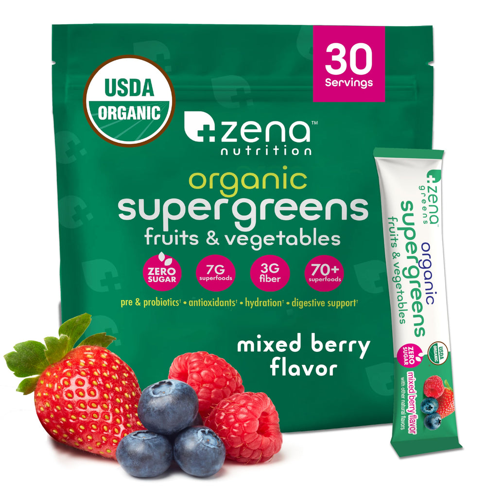 Zena Nutrition Organic Super Greens mixed-berry shake in a glass supports convenient daily nutrition.