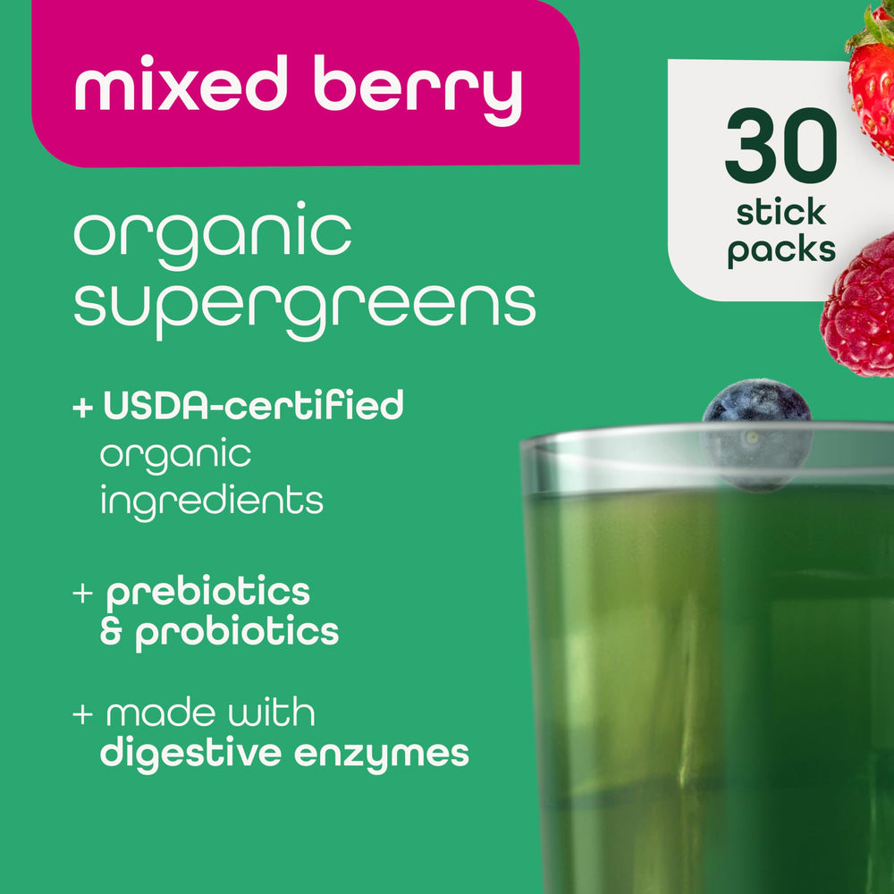 Zena Nutrition greens powder scoop beside fresh berries for a quick smoothie.