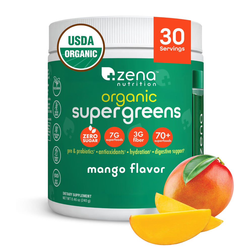 Zena Nutrition Organic Super Greens Powder tub highlighting 70+ superfoods for daily wellness