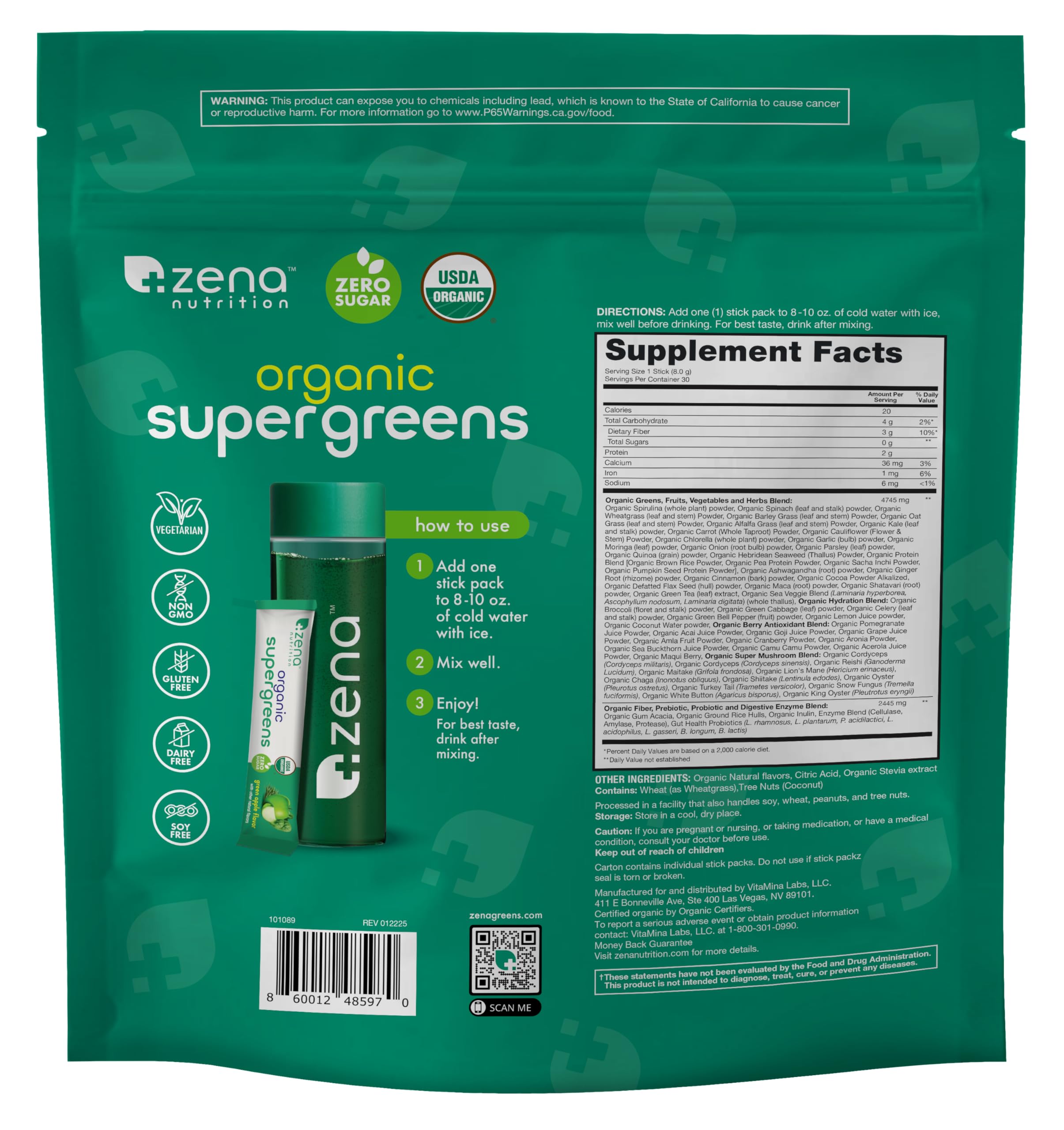 Zena Nutrition vegan gluten-free label indicates allergen-friendly greens.