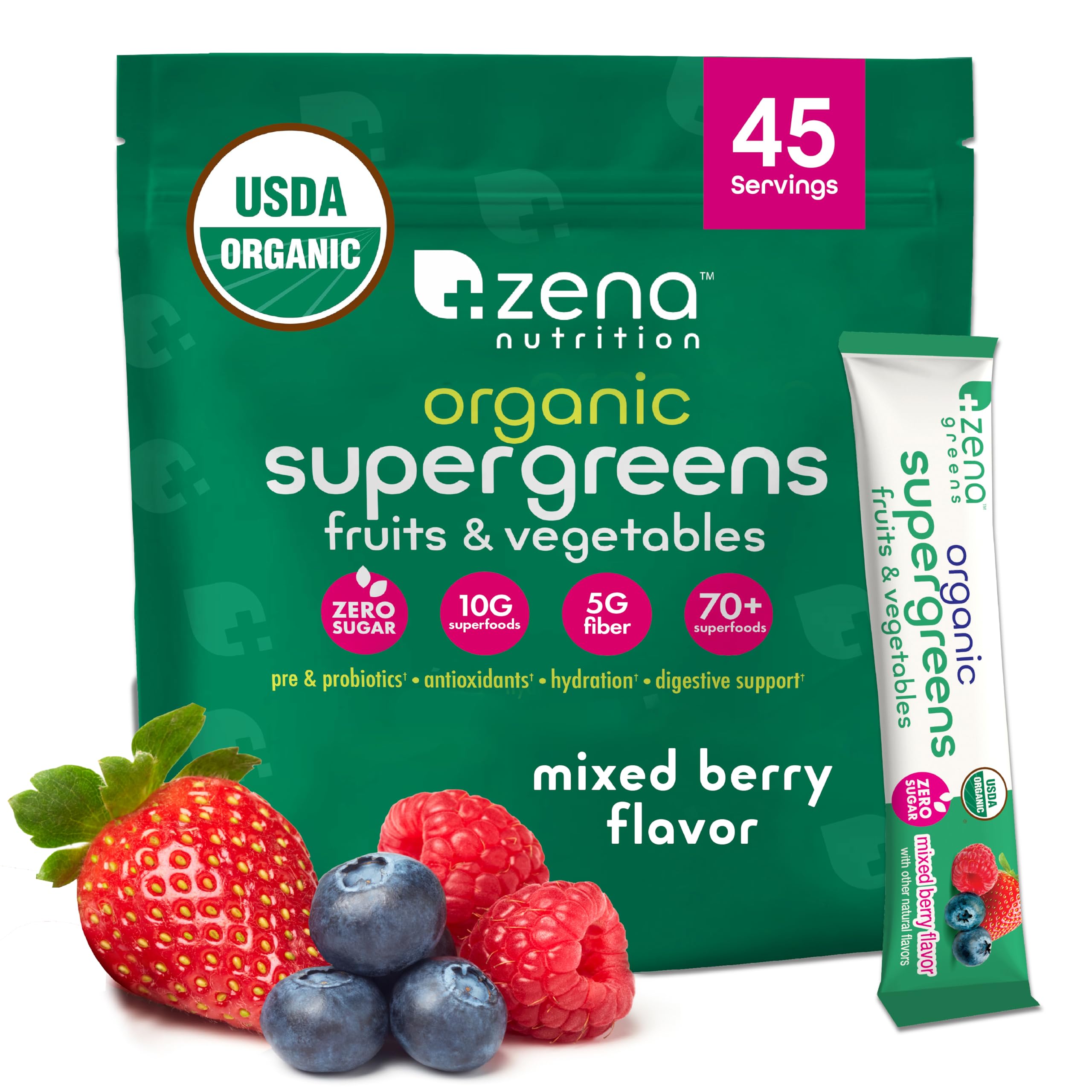 Zena Nutrition Organic Super Greens stick-pack for a convenient morning greens boost.