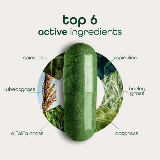 Zena Nutrition Super Greens capsules close-up emphasizing convenient on-the-go taking