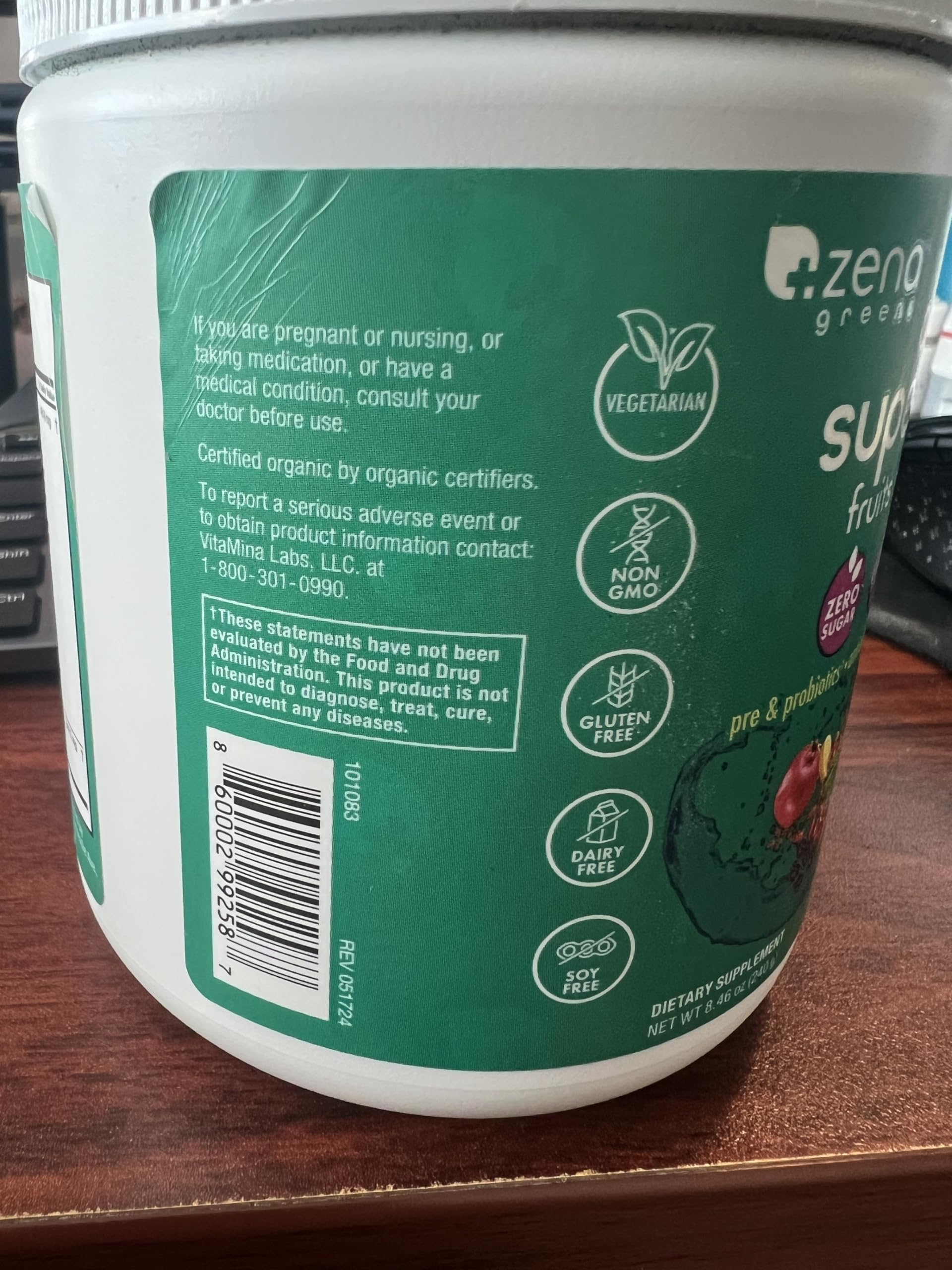 Zena Nutrition ingredient list close-up showing greens and prebiotics