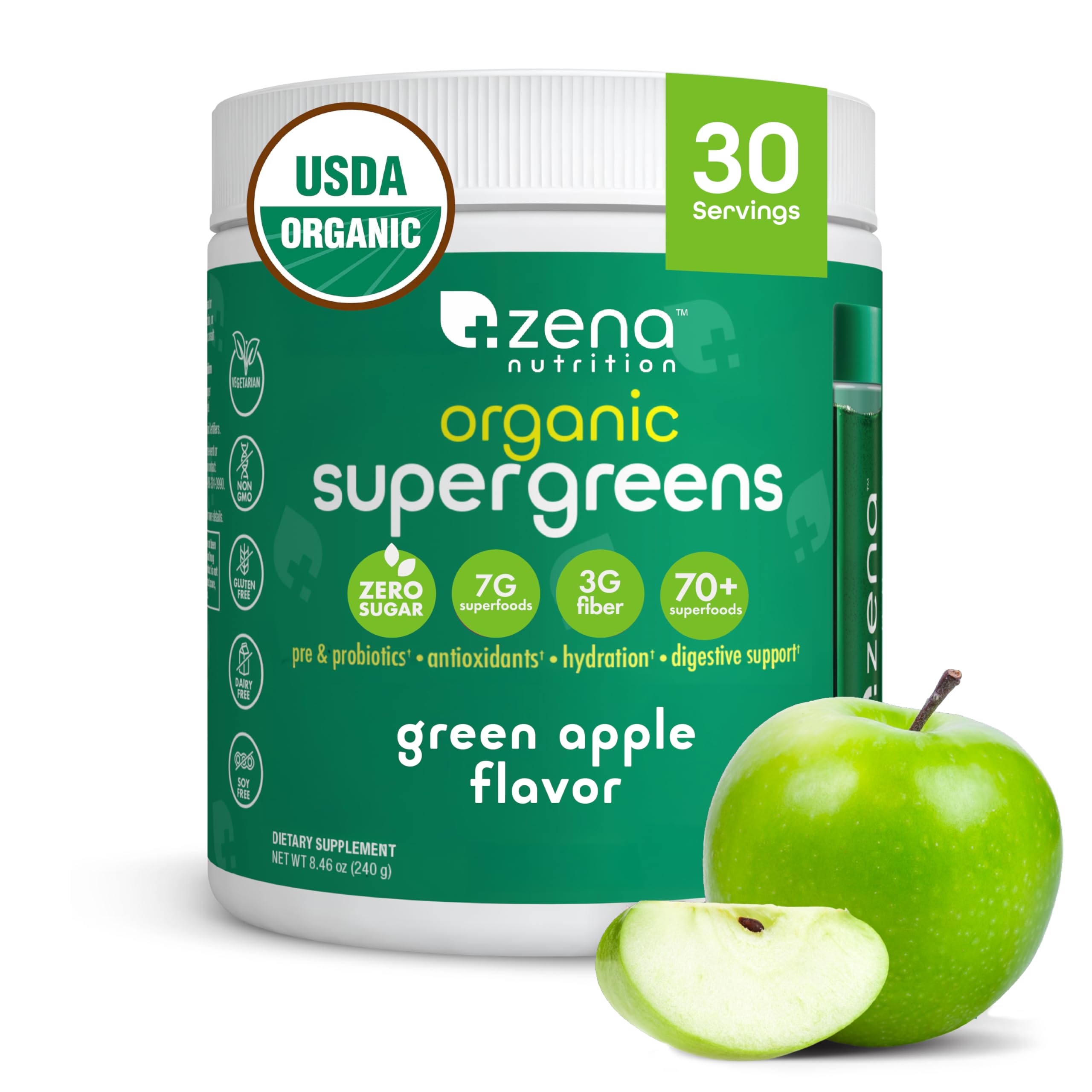 Zena Nutrition Organic Super Greens powder bottle for daily wellness.