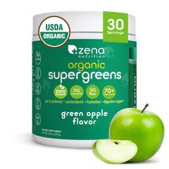 Zena Nutrition Organic Super Greens powder bottle for daily wellness.