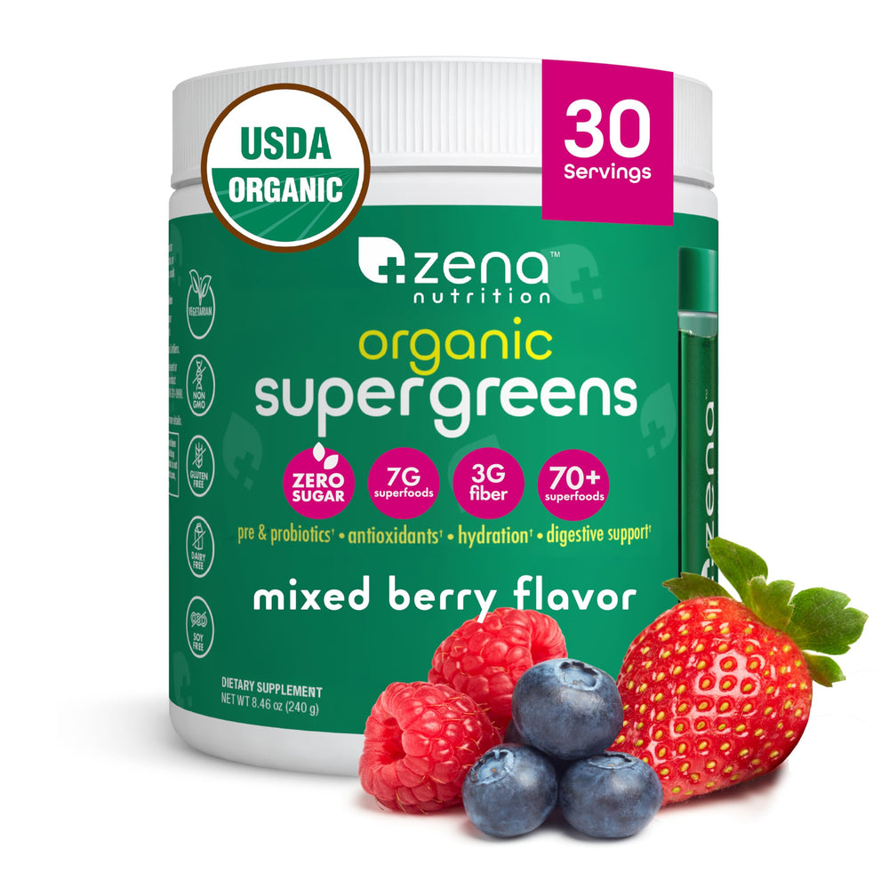 Zena Nutrition Organic Super Greens powder tub on counter showing daily wellness appeal