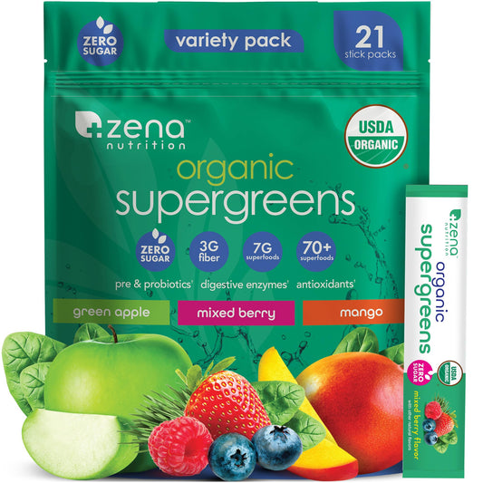 Zena Nutrition Organic Super Greens Variety Pack box with 21 sticks for on-the-go greens.