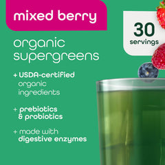 Zena Nutrition Super Greens powder poured into a glass shaker for a berry drink