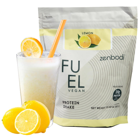 Zenbodi Fuel vegan protein Lemon bottle closeup, 21g protein per serving