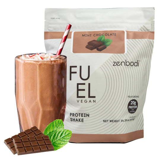 Zenbodi Fuel vegan protein bottle with mint chocolate flavor for on-the-go protein