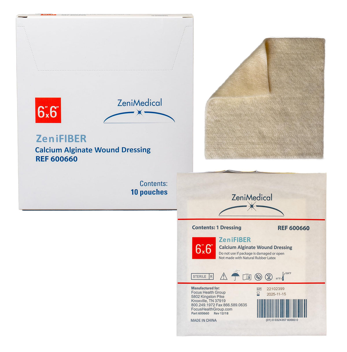 ZeniFiber calcium alginate dressing close-up showing gel formation for moist wound environment