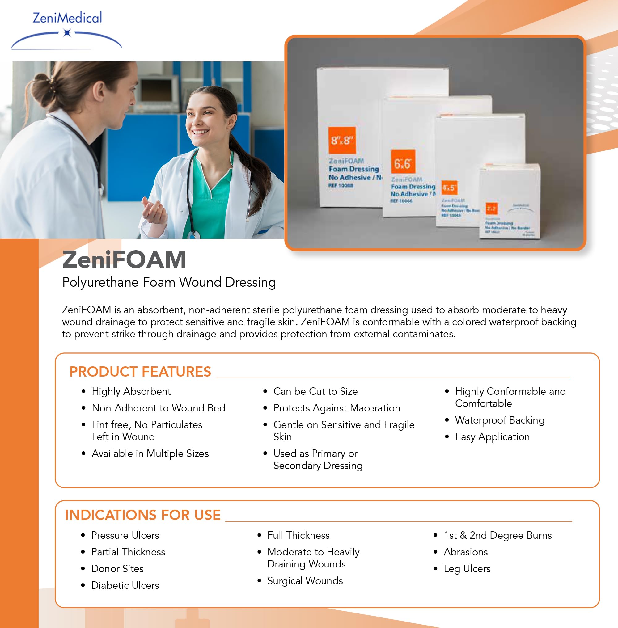 ZeniFOAM 6x6 non-stick pad demonstrates gentle wound contact and easy dressing changes.
