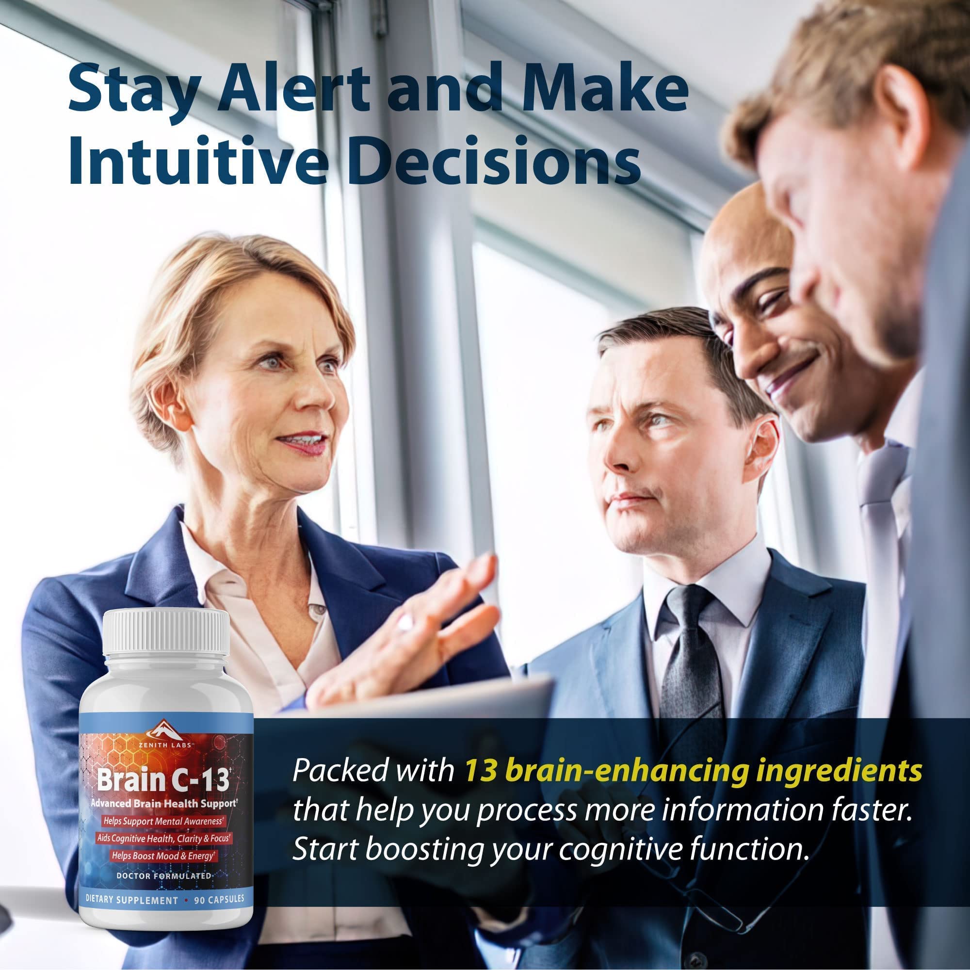 Zenith Labs Brain C-13 mental clarity scene shows a confident, focused moment