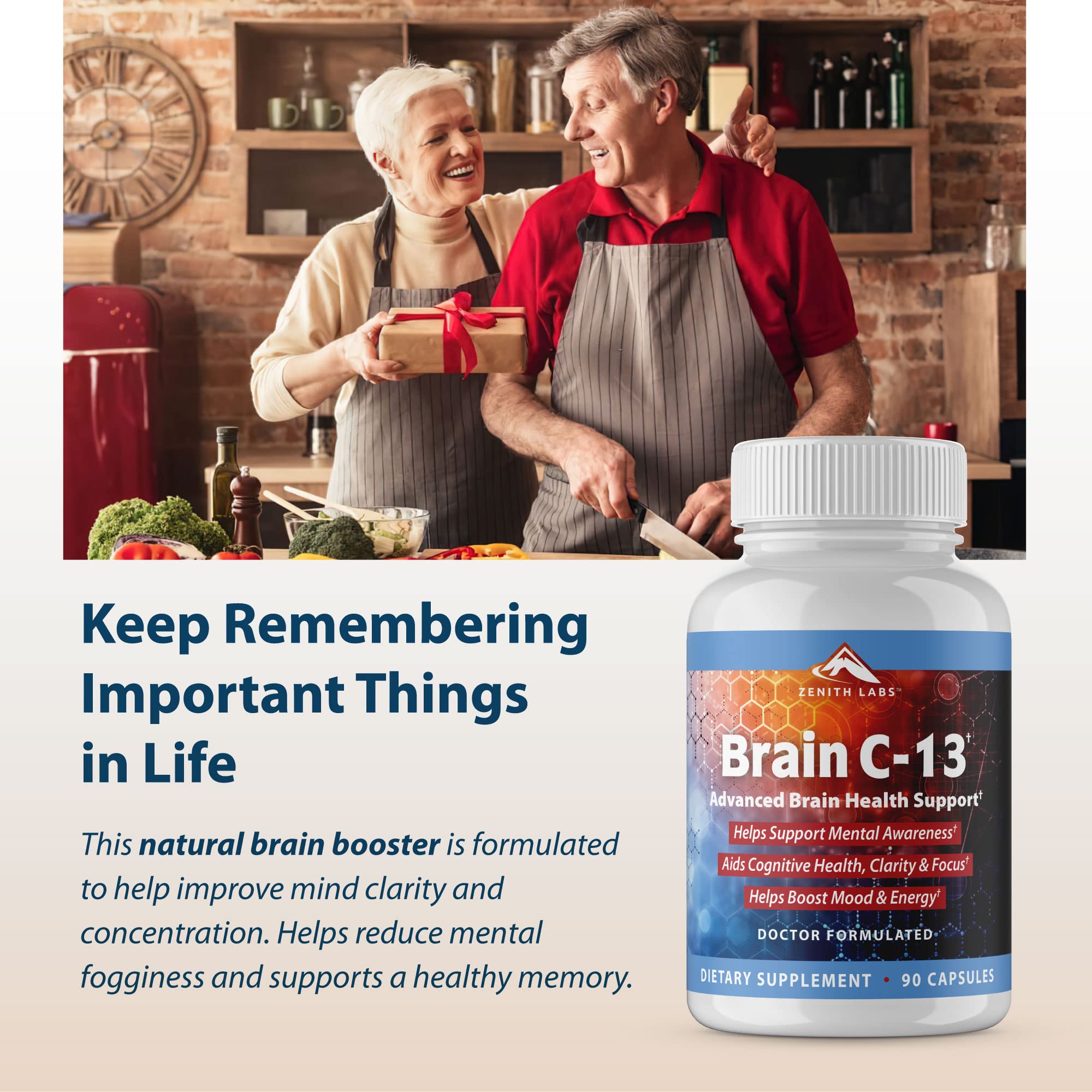 Zenith Labs Brain C-13 non-GMO and gluten-free badge signals product trust