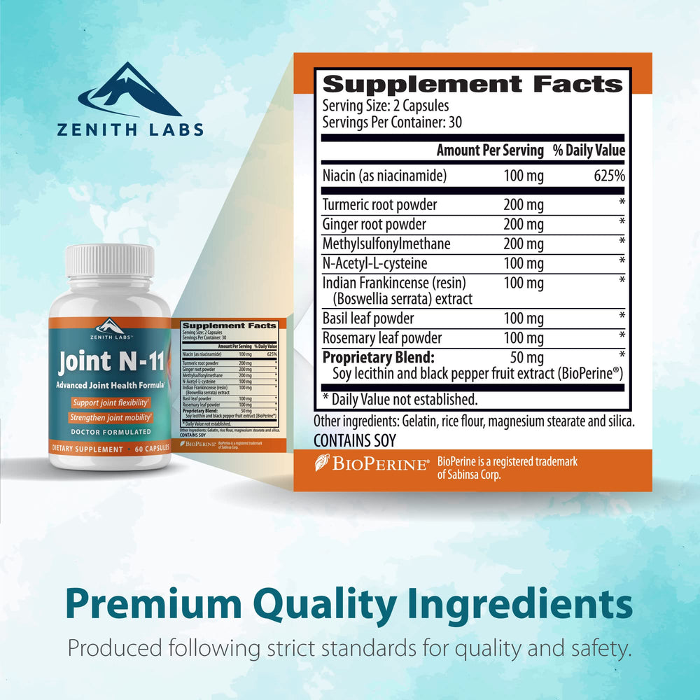 Zenith Labs Joint N-11 label detail with formula highlights.