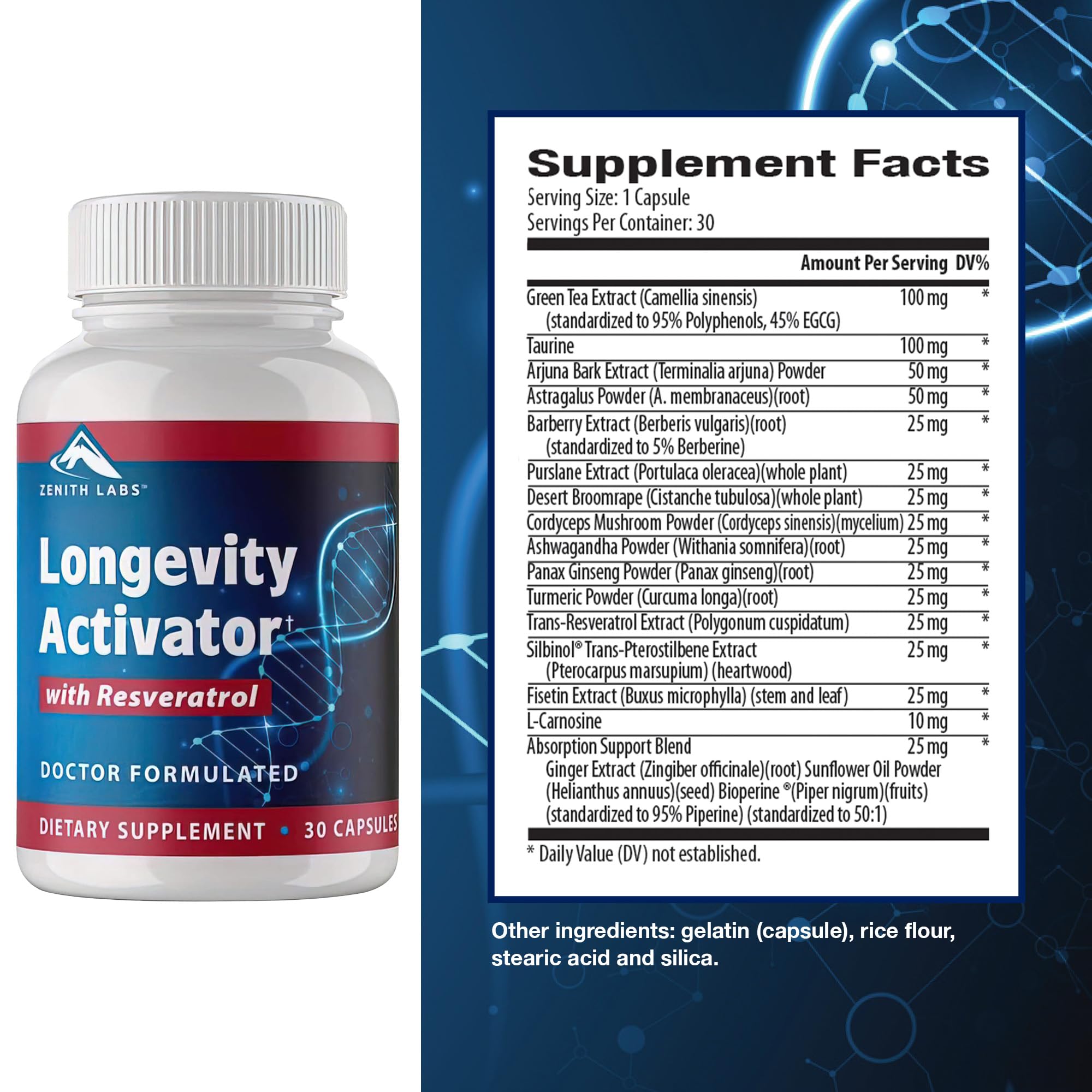 Zenith Labs Longevity Activator capsules close-up, easy-to-swallow daily wellness.