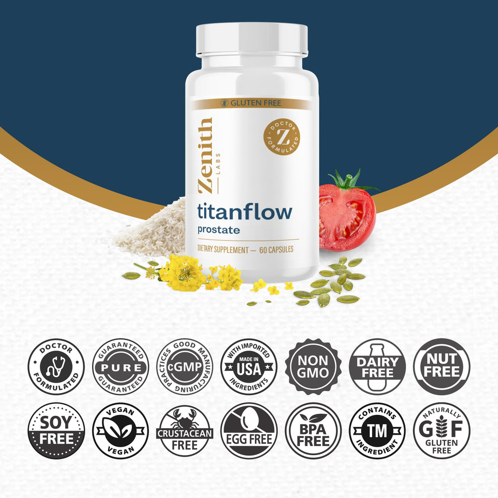 Zenith Labs TitanFlow packaging box on countertop showcasing 30-day supply