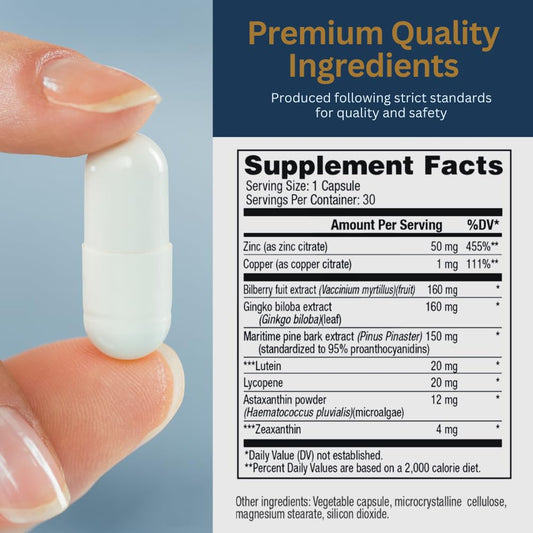 Vision 20 label closeup highlighting Lutein and Zeaxanthin ingredients