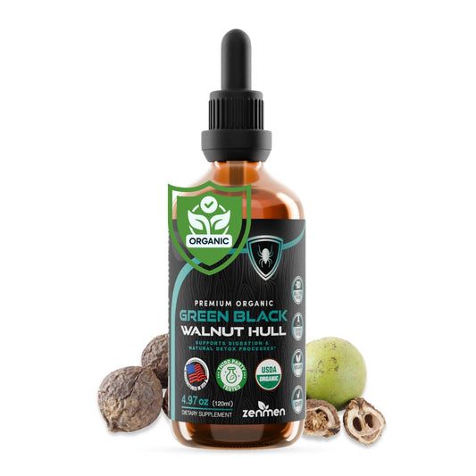 Zenmen green black walnut tincture bottle with dropper for daily use.
