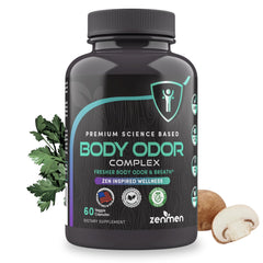 Zenmen bottle front displays Naturally Body Odor Eliminator capsules for odor control